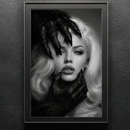 Black and white surreal woman portrait wall art in black frame against textured dark wall, contemporary monochrome figure statement art print