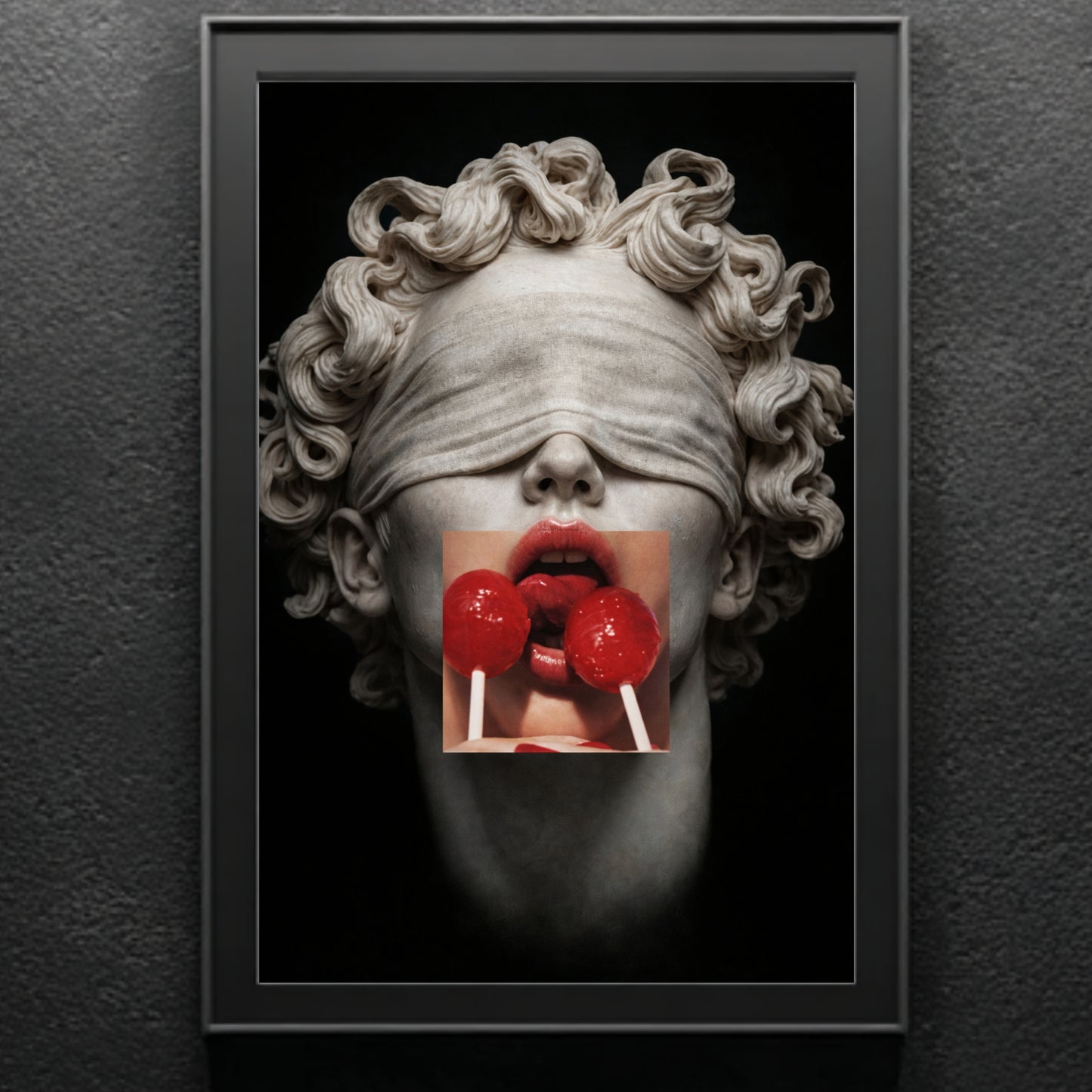 Close-up surreal statue wall art with red lollipops and blindfold detail, contemporary pop-inspired artwork