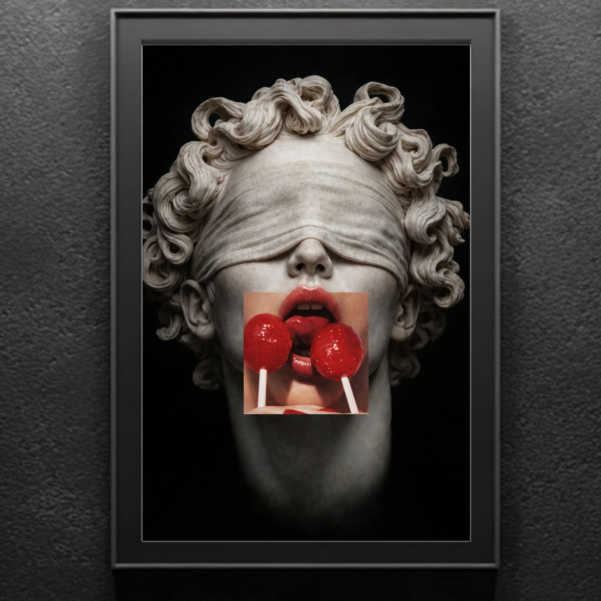 Close-up surreal statue wall art with red lollipops and blindfold detail, contemporary pop-inspired artwork