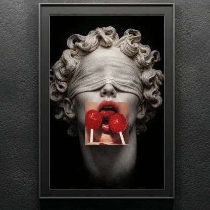 Close-up surreal statue wall art with red lollipops and blindfold detail, contemporary pop-inspired artwork