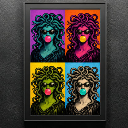 Modern serpent pop art portrait in black frame, colorful woman with snakes and bubblegum, high-contrast contemporary graphic illustration wall art for gallery wall decor