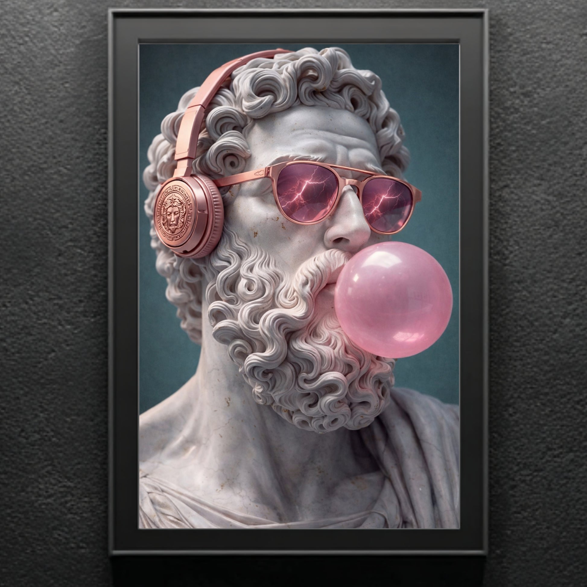 Surreal pop culture sculpture portrait wall art framed on dark textured wall, classical marble statue modern reinterpretation statement piece