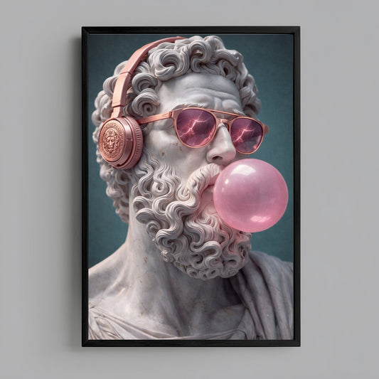 Surreal classical statue wall art print centered on grey wall product mockup, modern pop culture marble sculpture portrait decor