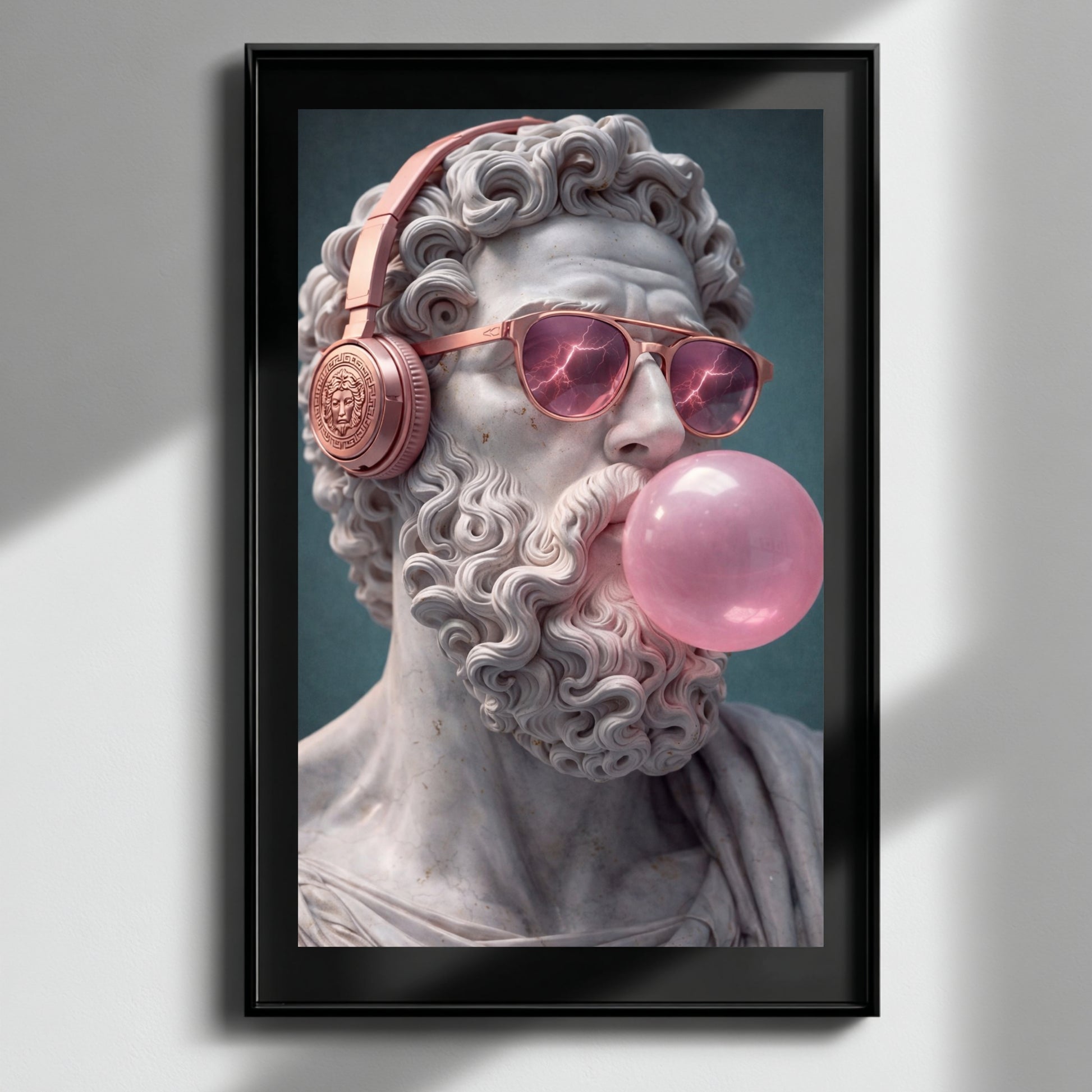 Surreal pop culture sculpture portrait wall art framed on dark textured wall, classical marble statue modern reinterpretation statement piece