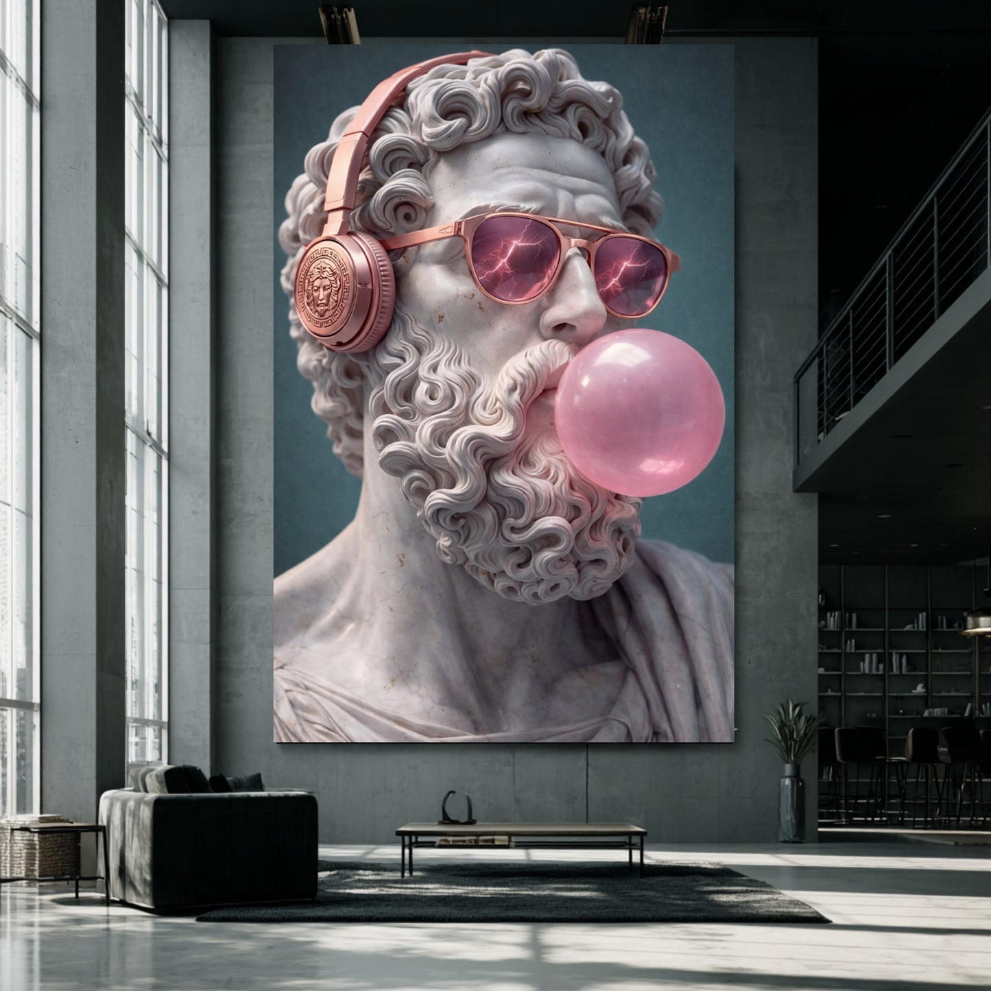 Large surreal classical statue wall art on oversized concrete loft wall, modern pop culture marble sculpture portrait statement artwork