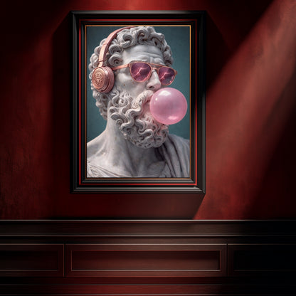 Modern pop culture sculpture portrait wall art on dramatic red interior wall, surreal classical marble statue with bubble gum bold statement artwork