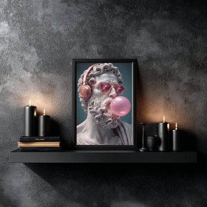 Modern classical statue wall art styled above floating shelf with candles and books, pop surreal marble sculpture portrait decor