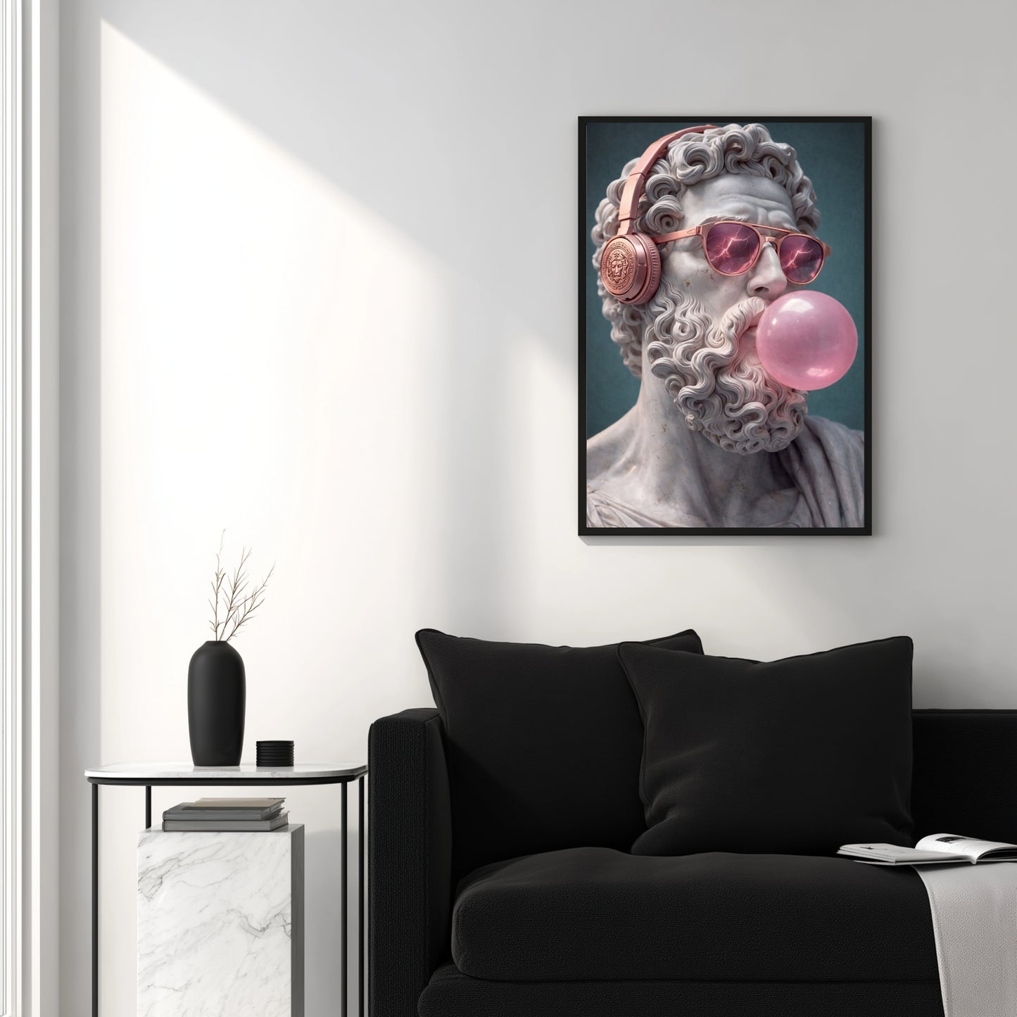 Surreal classical marble statue wall art above black sofa in minimal white living room, pop surreal sculpture portrait decor