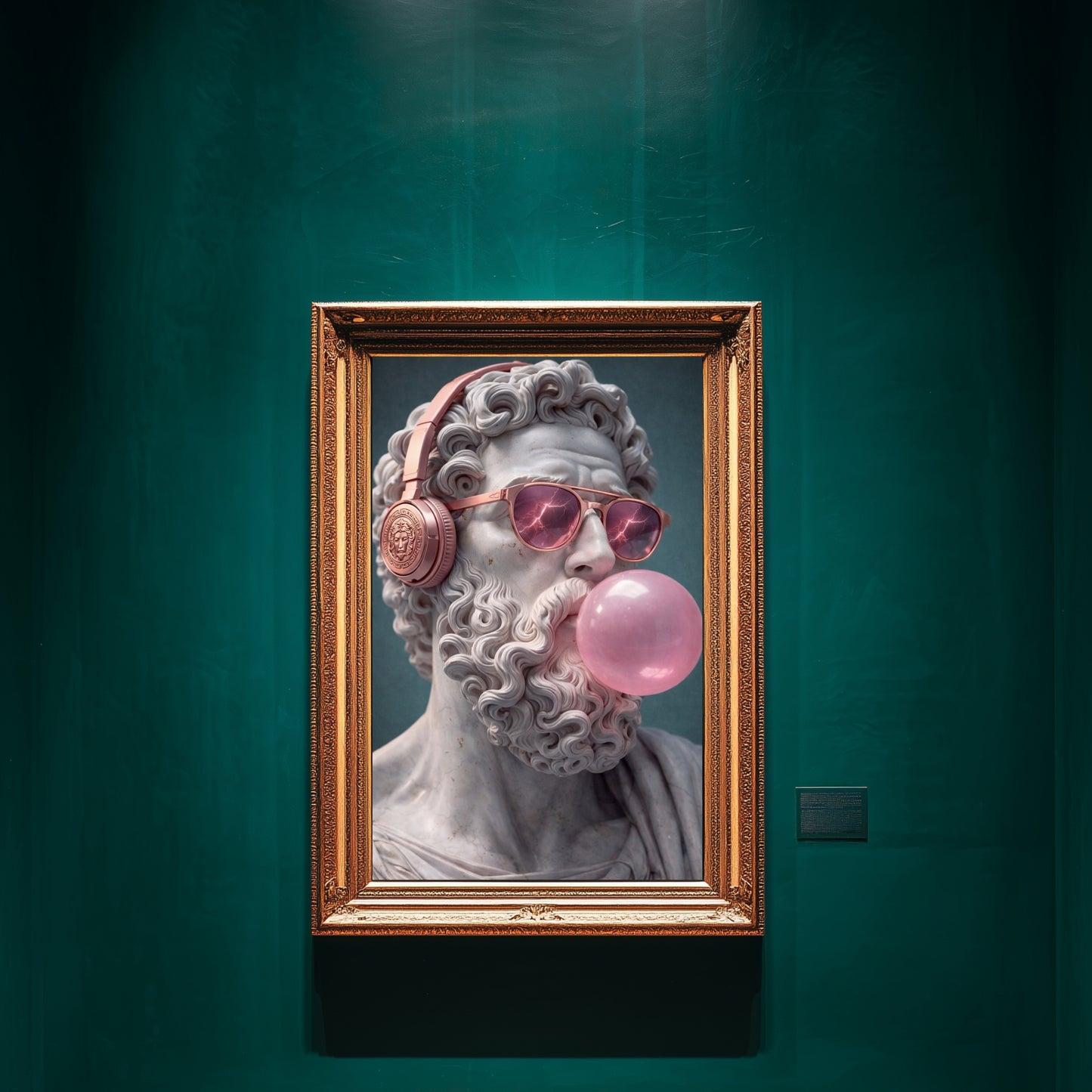 Surreal classical statue wall art displayed in emerald green luxury gallery interior, modern pop culture marble sculpture portrait with headphones and sunglasses statement decor
