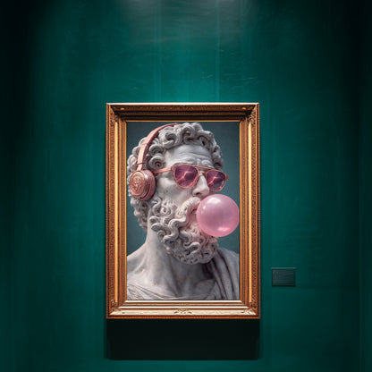 Surreal classical statue wall art displayed in emerald green luxury gallery interior, modern pop culture marble sculpture portrait with headphones and sunglasses statement decor