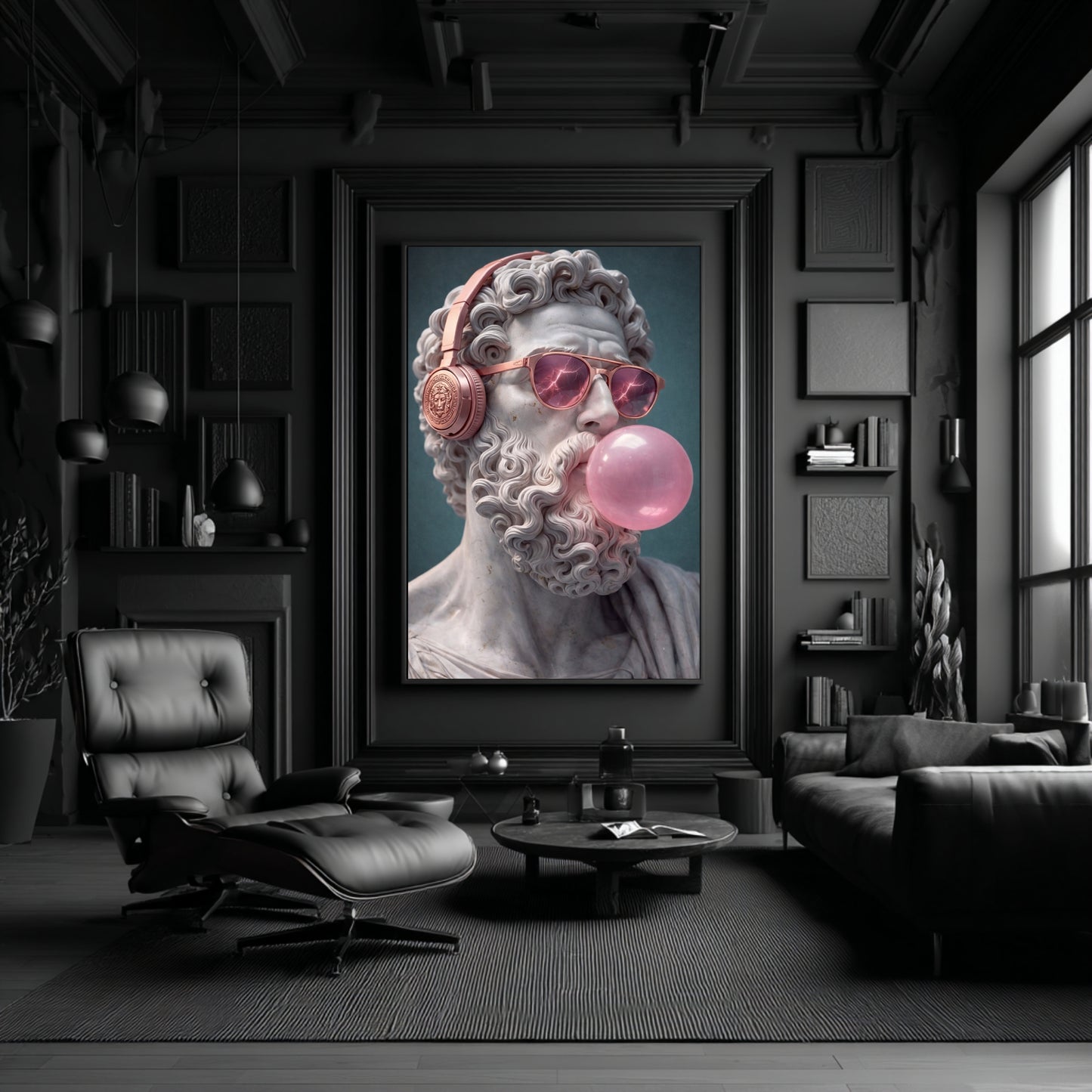 Surreal classical marble statue wall art in moody black luxury living room, contemporary pop surreal sculpture portrait decor