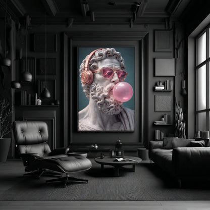 Surreal classical marble statue wall art in moody black luxury living room, contemporary pop surreal sculpture portrait decor