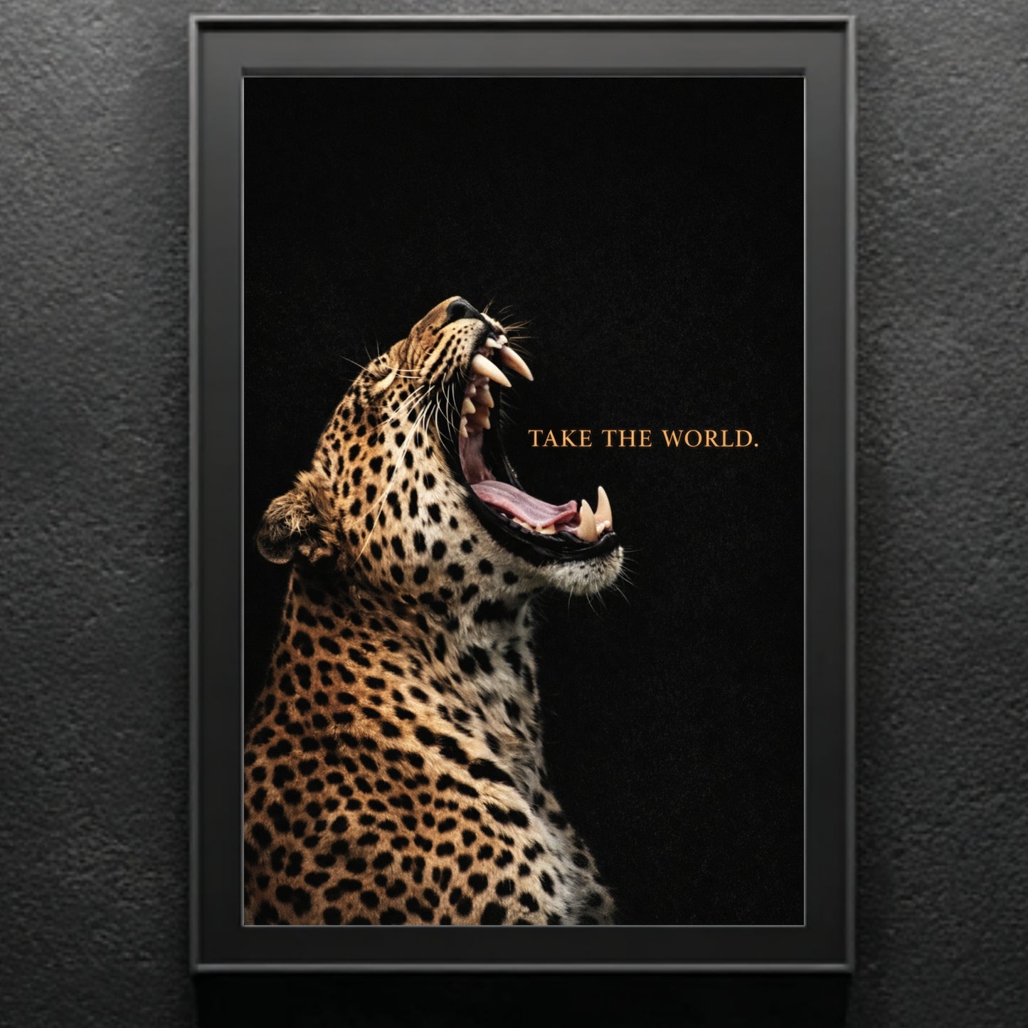 Roaring leopard wall art on dark textured wall, Take the World motivational quote animal artwork statement decor