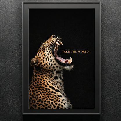 Roaring leopard wall art on dark textured wall, Take the World motivational quote animal artwork statement decor