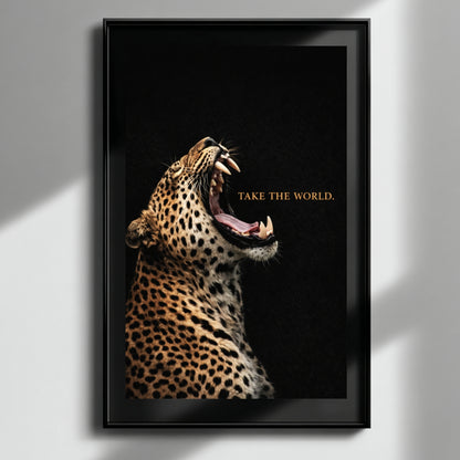 Leopard statement wall art framed on minimal white wall, Take the World motivational wildlife artwork modern decor