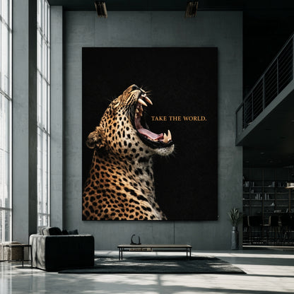 Large leopard wall art with text on oversized concrete loft wall, roaring wildlife Take the World motivational statement decor
