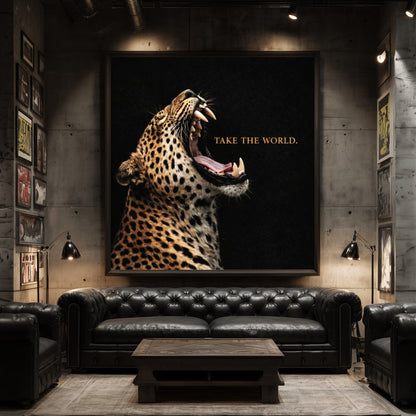 Leopard Wall Art with Text – Take the World Statement Artwork