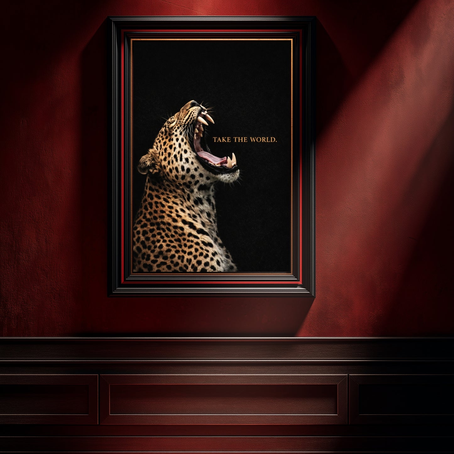 Roaring leopard statement wall art on dramatic red interior wall, Take the World motivational animal artwork modern decor