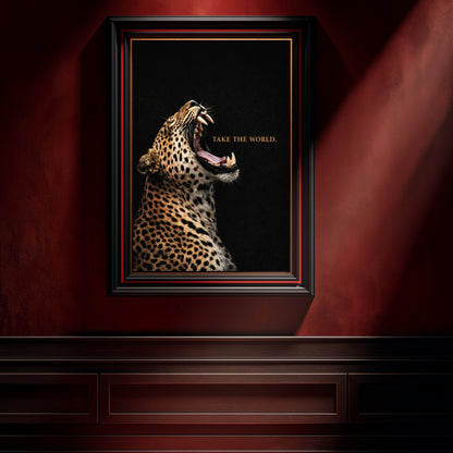 Roaring leopard statement wall art on dramatic red interior wall, Take the World motivational animal artwork modern decor