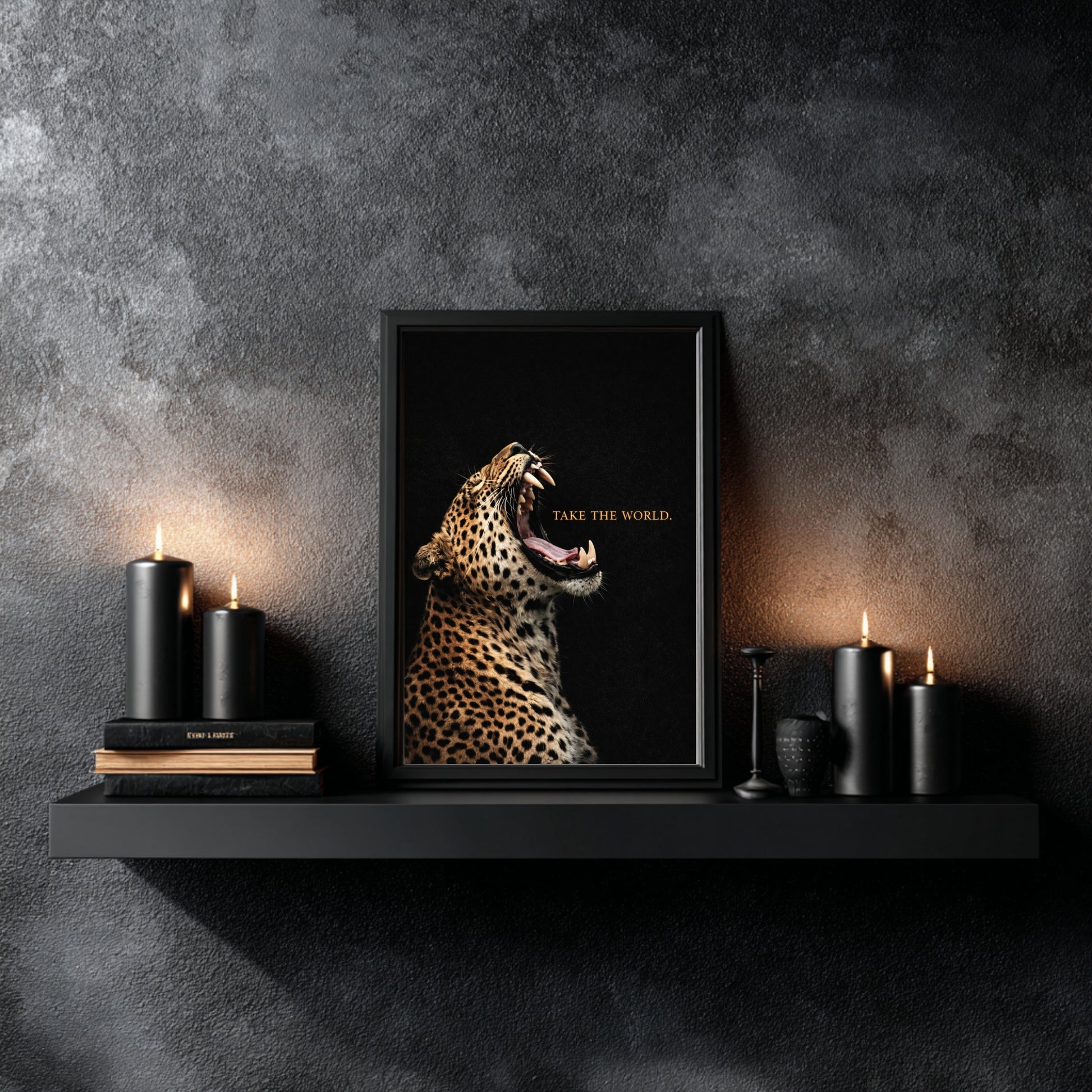 Leopard wall art with text styled above floating shelf with candles and books, roaring wildlife motivational statement decor