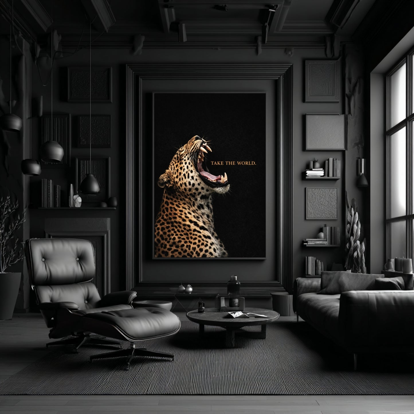 Leopard Take the World wall art in moody black luxury living room, bold wildlife motivational statement artwork decor