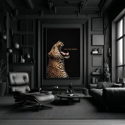 Leopard Take the World wall art in moody black luxury living room, bold wildlife motivational statement artwork decor