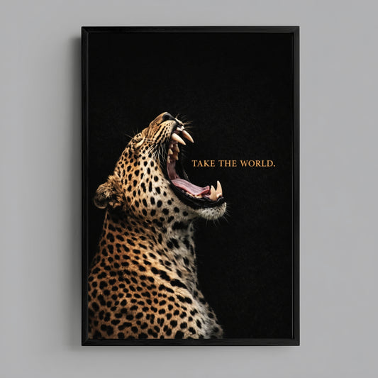 Leopard wall art with text print centered on grey wall product mockup, Take the World motivational wildlife statement decor