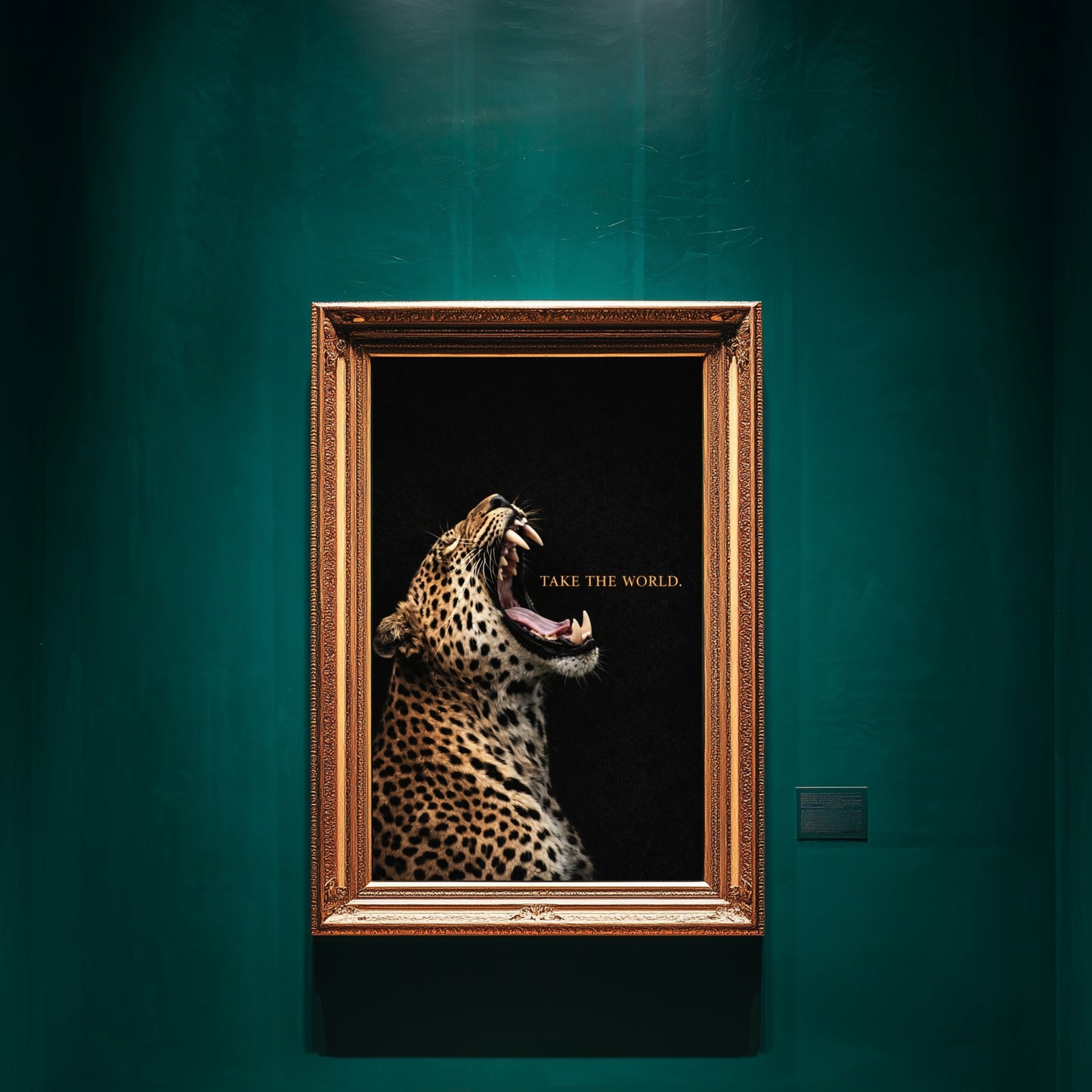 Leopard wall art with text displayed in emerald green luxury gallery interior, roaring leopard Take the World motivational statement artwork decor
