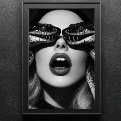 Framed surreal snake portrait print on neutral wall featuring monochrome female face and detailed serpent eye composition