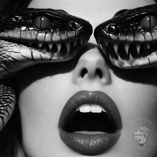 Close-up black and white surreal snake portrait showing female lips and detailed serpent heads covering eyes