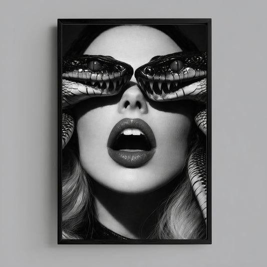 Vertical surreal serpent eye wall art in black frame, monochrome snake portrait statement decor
