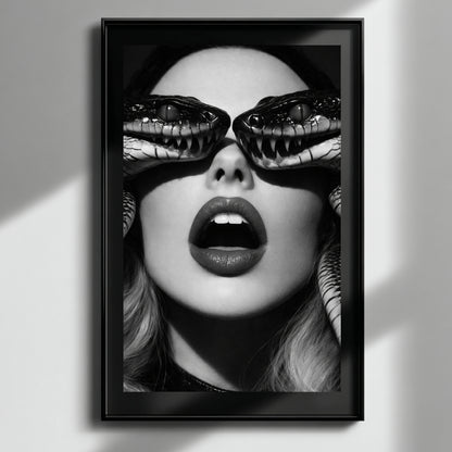 Black and white surreal snake portrait wall art in black frame, high contrast serpent eye statement print for modern interiors