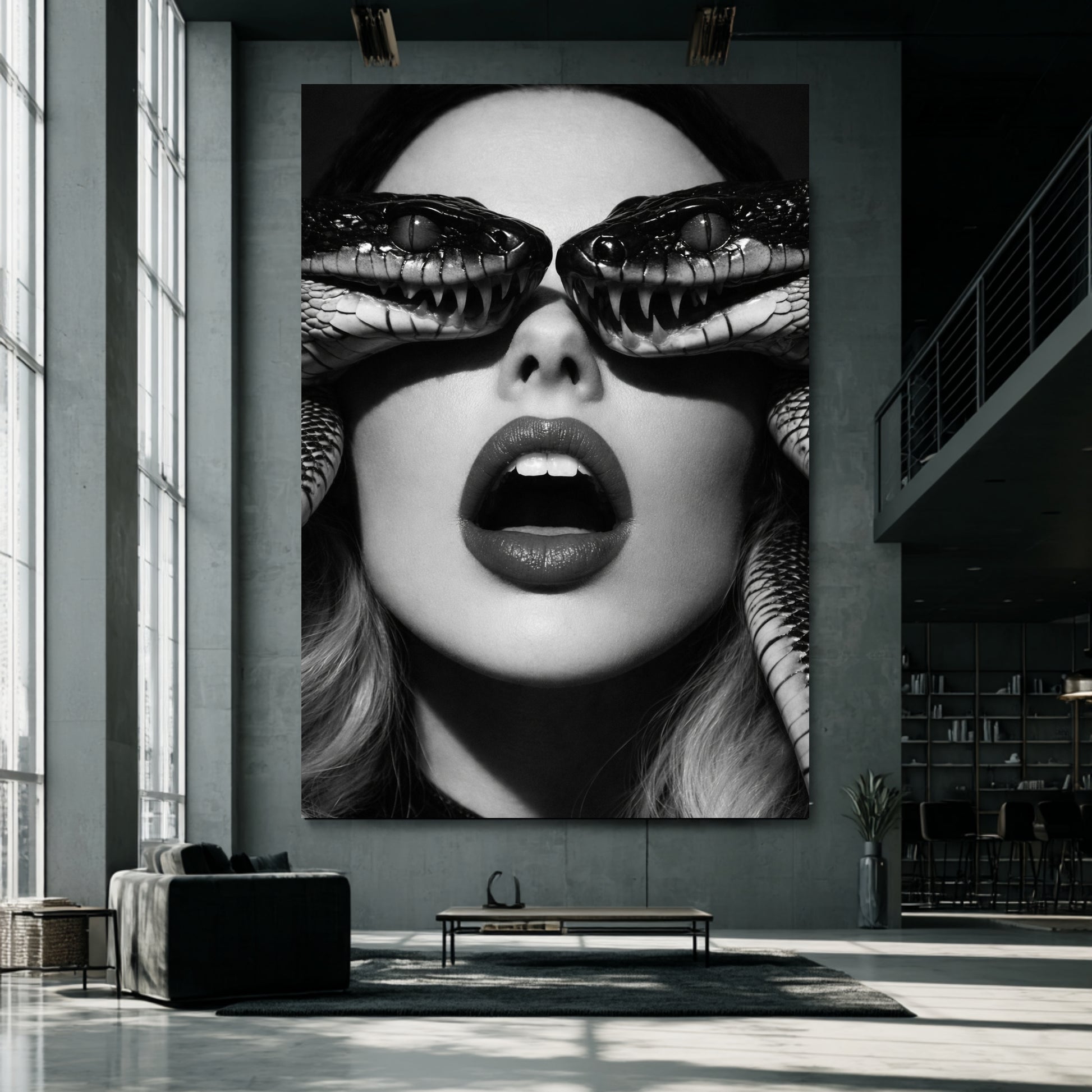 Oversized surreal snake wall art displayed in modern industrial loft interior, black and white serpent portrait statement canvas