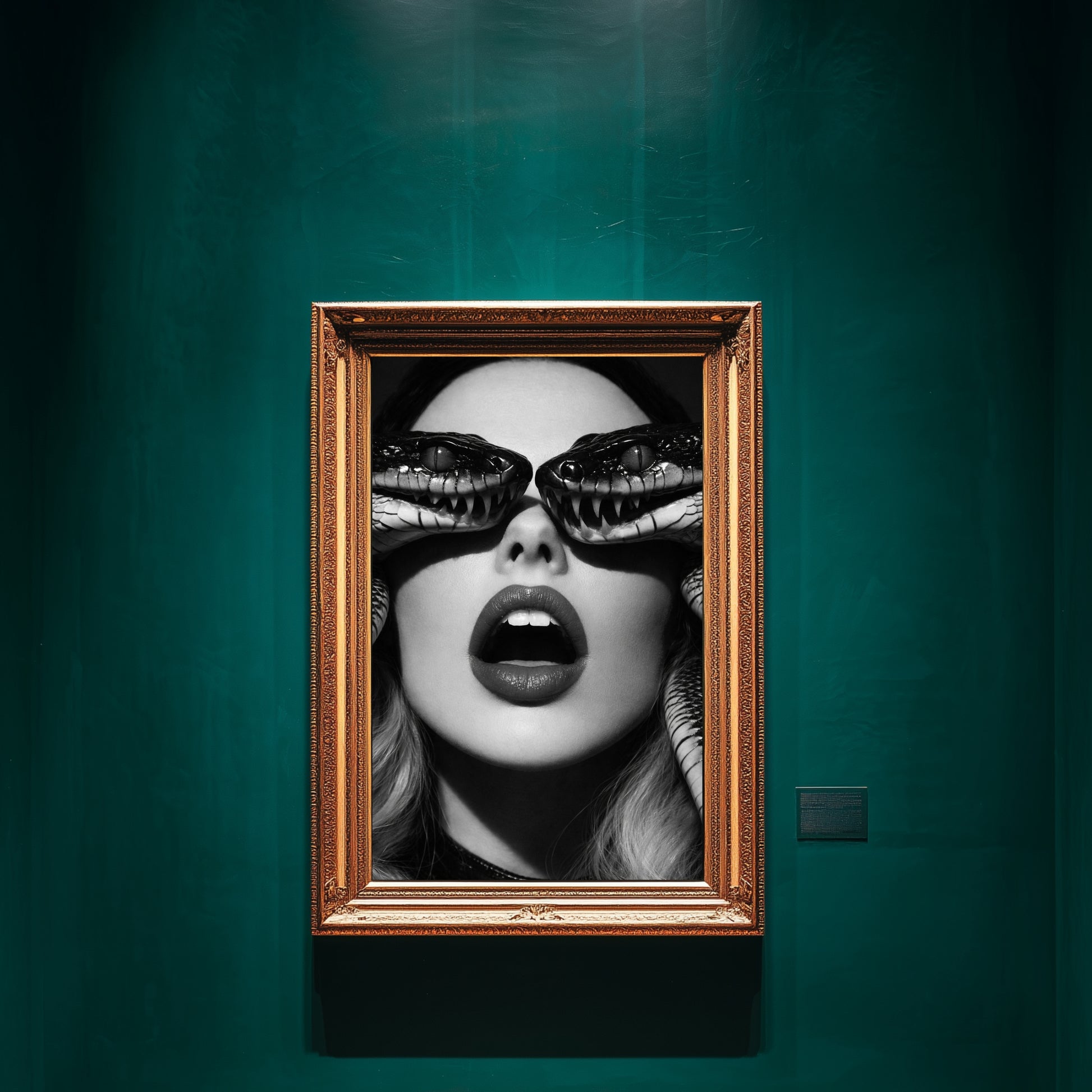Surreal snake portrait wall art in ornate gold frame on deep green gallery wall featuring black and white female face with serpents covering eyes