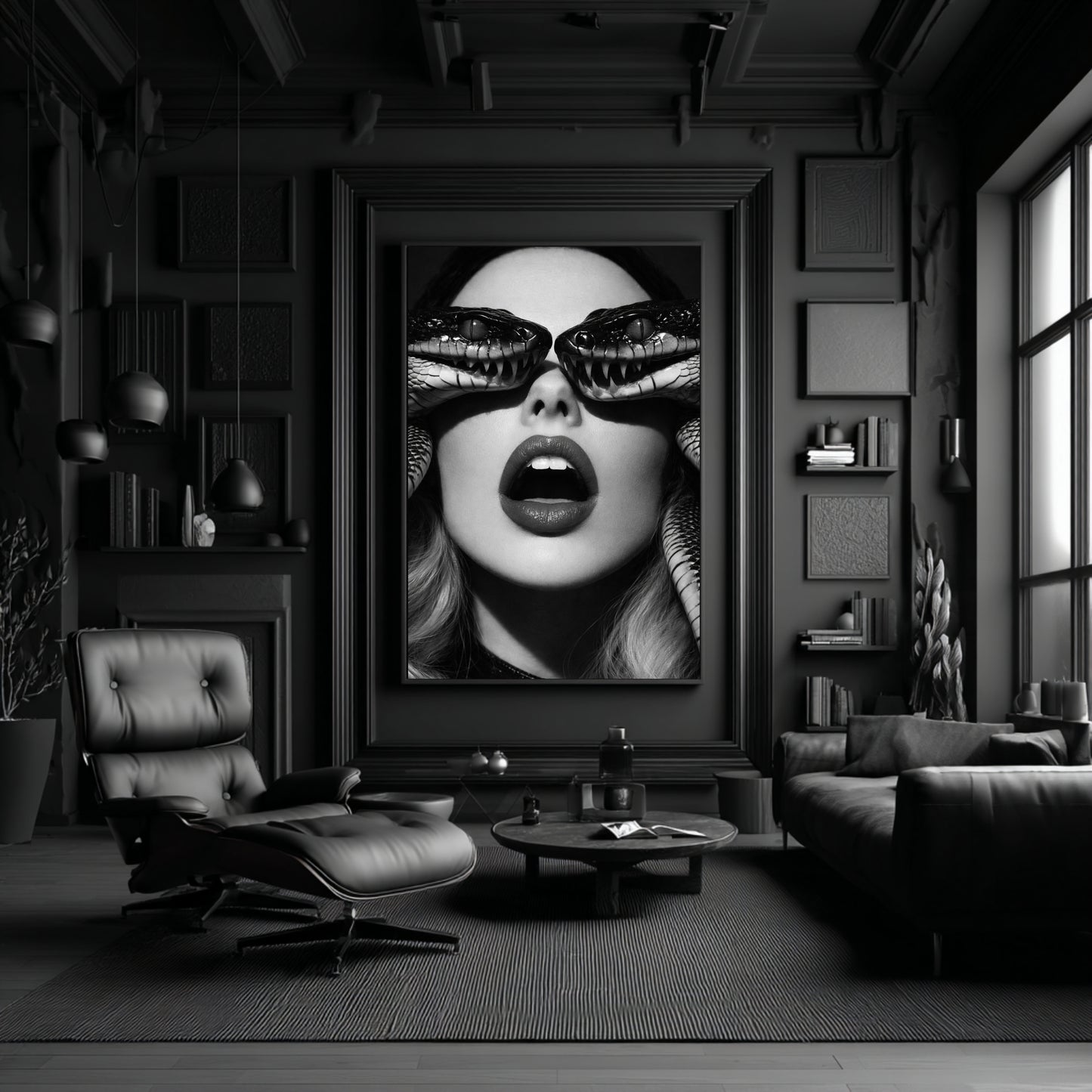 Large surreal snake portrait canvas mounted in modern dark living room interior, black and white female face with serpents across eyes