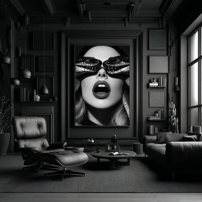 Large surreal snake portrait canvas mounted in modern dark living room interior, black and white female face with serpents across eyes