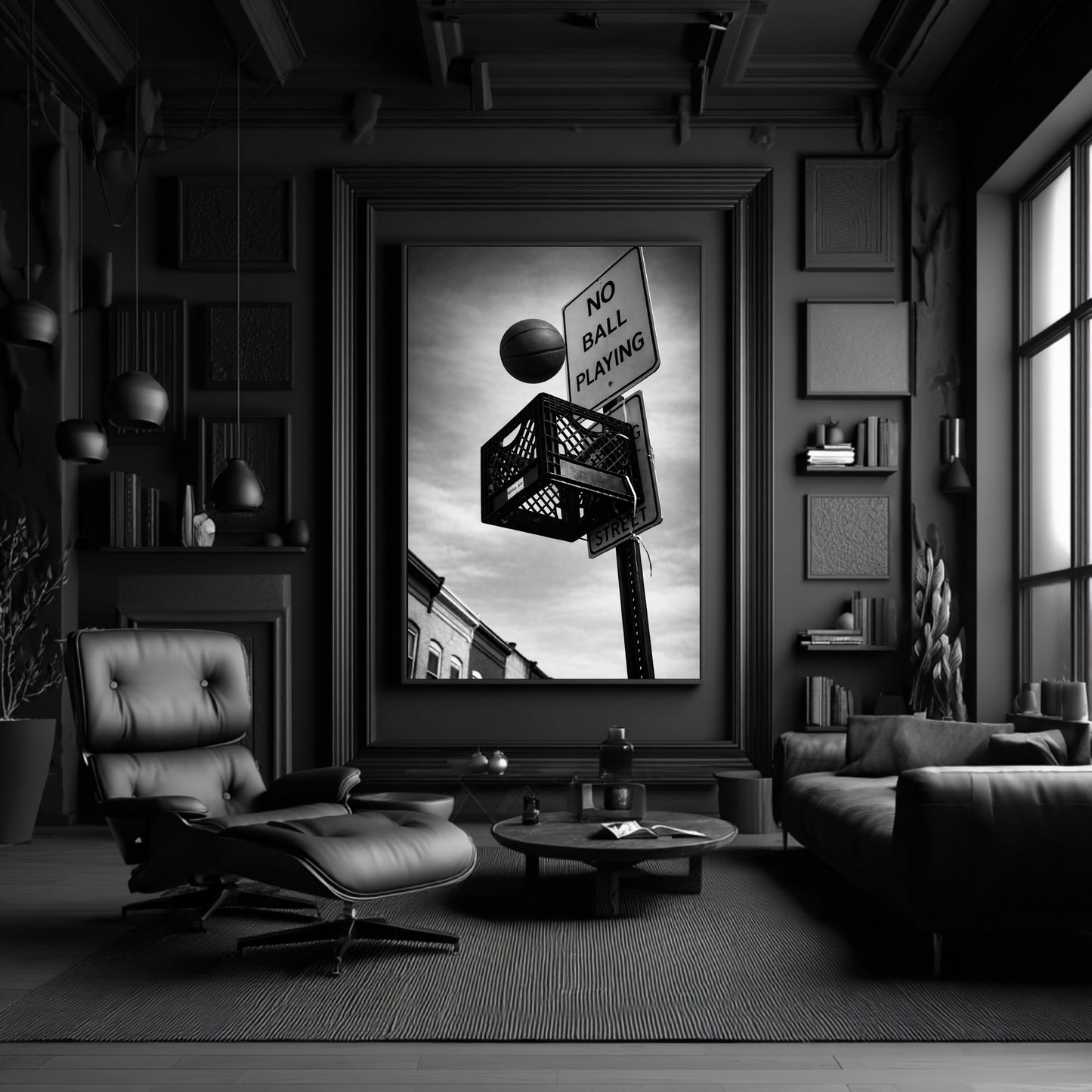 Large black and white street basketball wall art displayed in dark modern living room, urban milk crate hoop and no ball playing sign statement decor