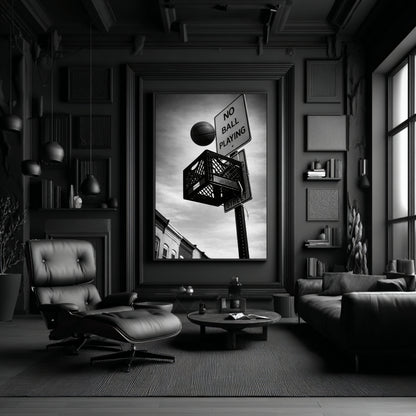 Large black and white street basketball wall art displayed in dark modern living room, urban milk crate hoop and no ball playing sign statement decor