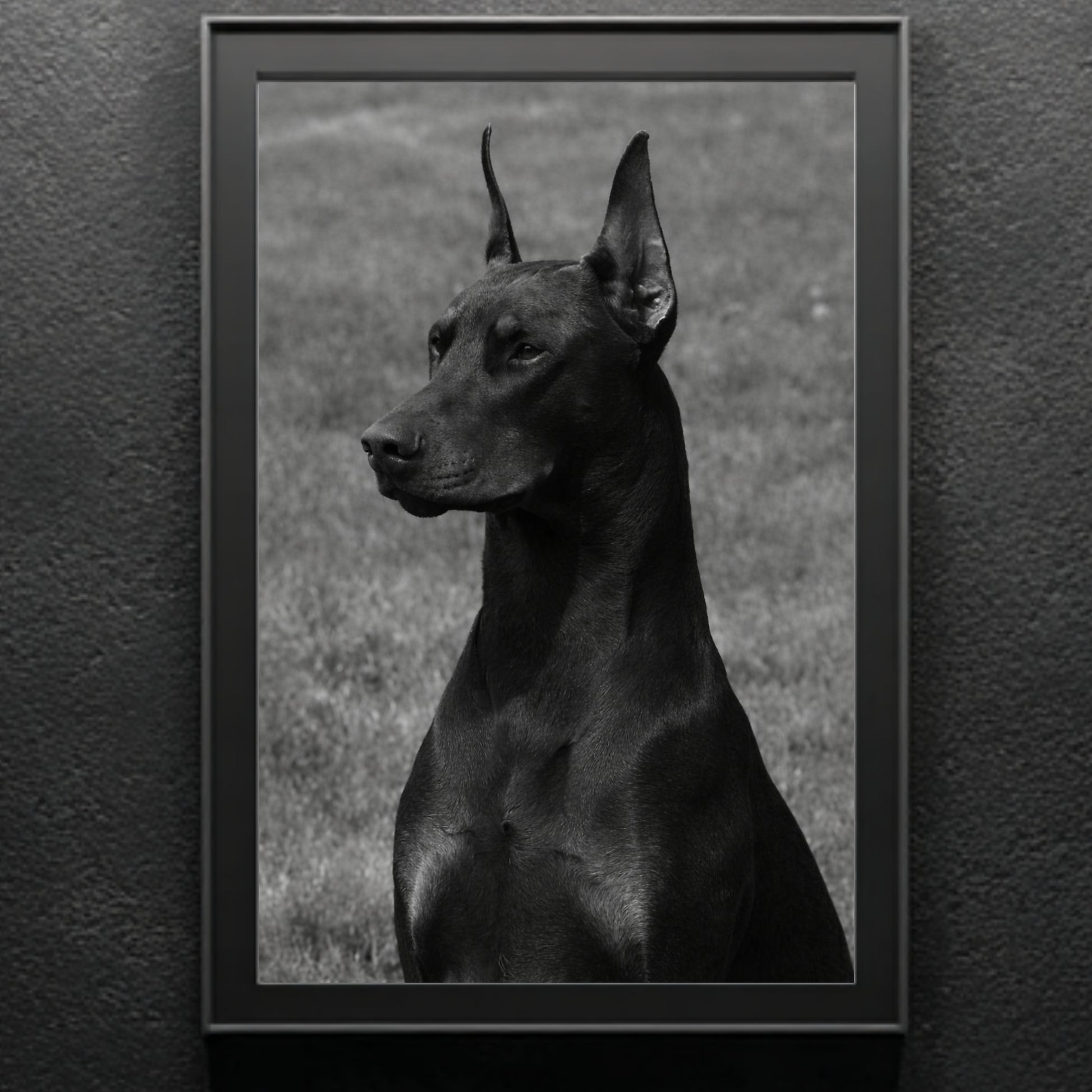 Minimal black and white Doberman dog portrait in slim black frame against textured wall