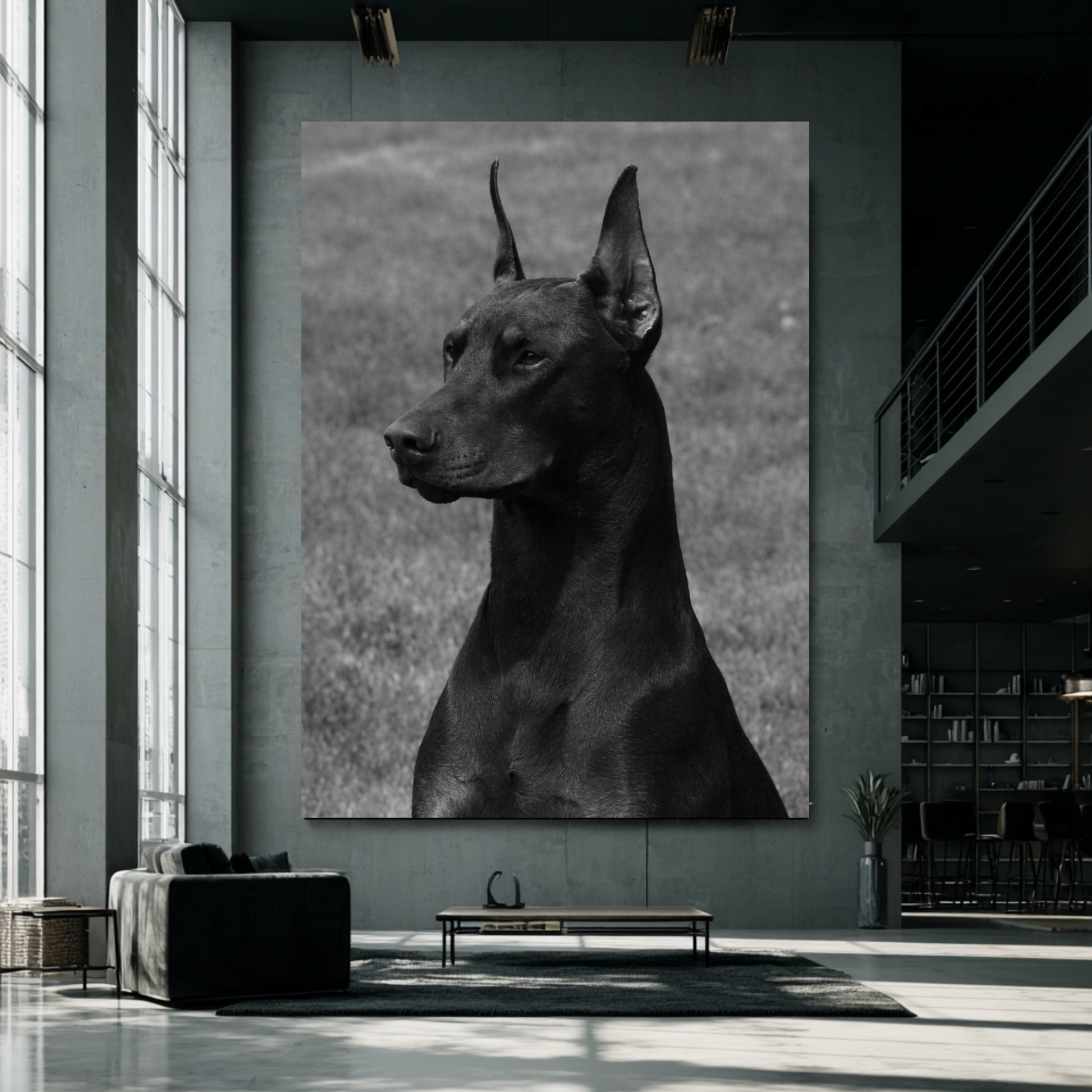 Oversized black and white Doberman portrait canvas displayed in modern industrial loft interior