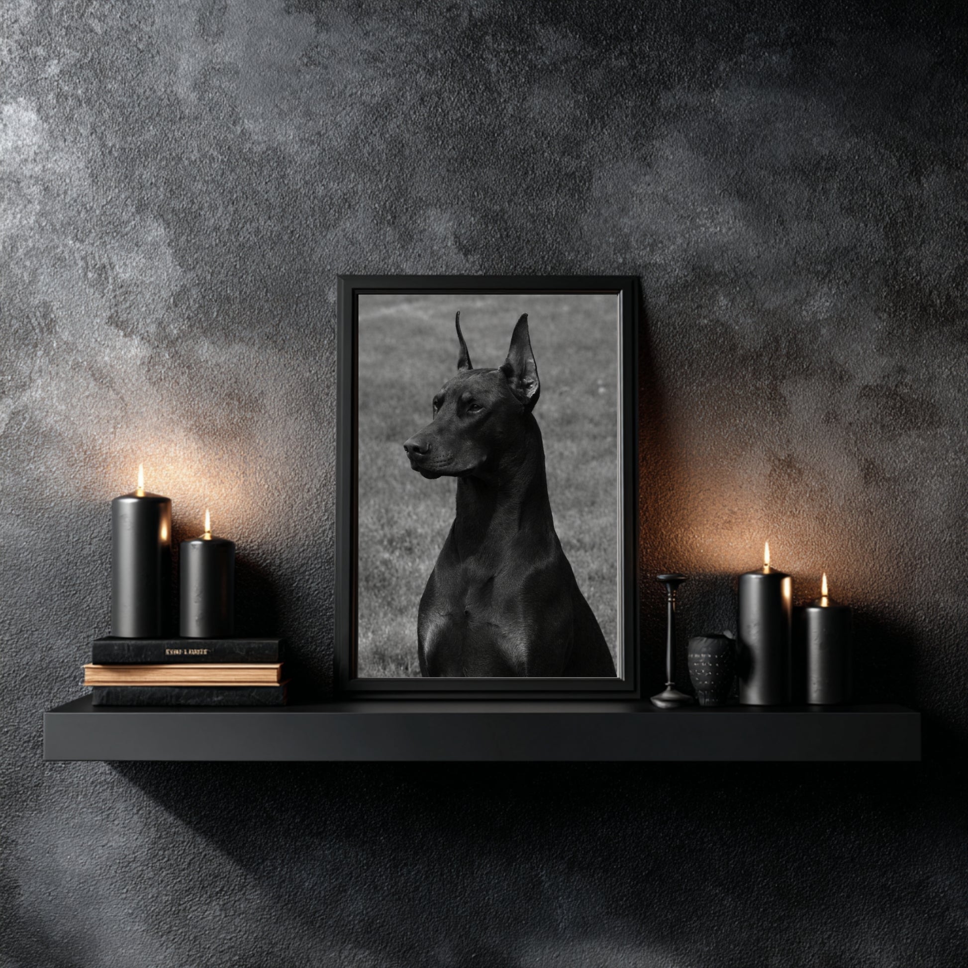 Framed black and white Doberman portrait styled on black floating shelf with candles and minimalist decor