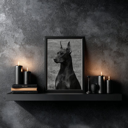 Framed black and white Doberman portrait styled on black floating shelf with candles and minimalist decor