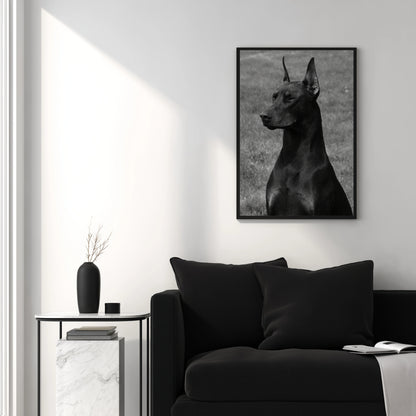 Black and white Doberman portrait wall art displayed above modern black sofa in minimalist interior