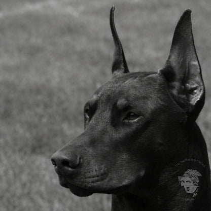 Close-up black and white Doberman face portrait emphasizing alert expression and muscle definition