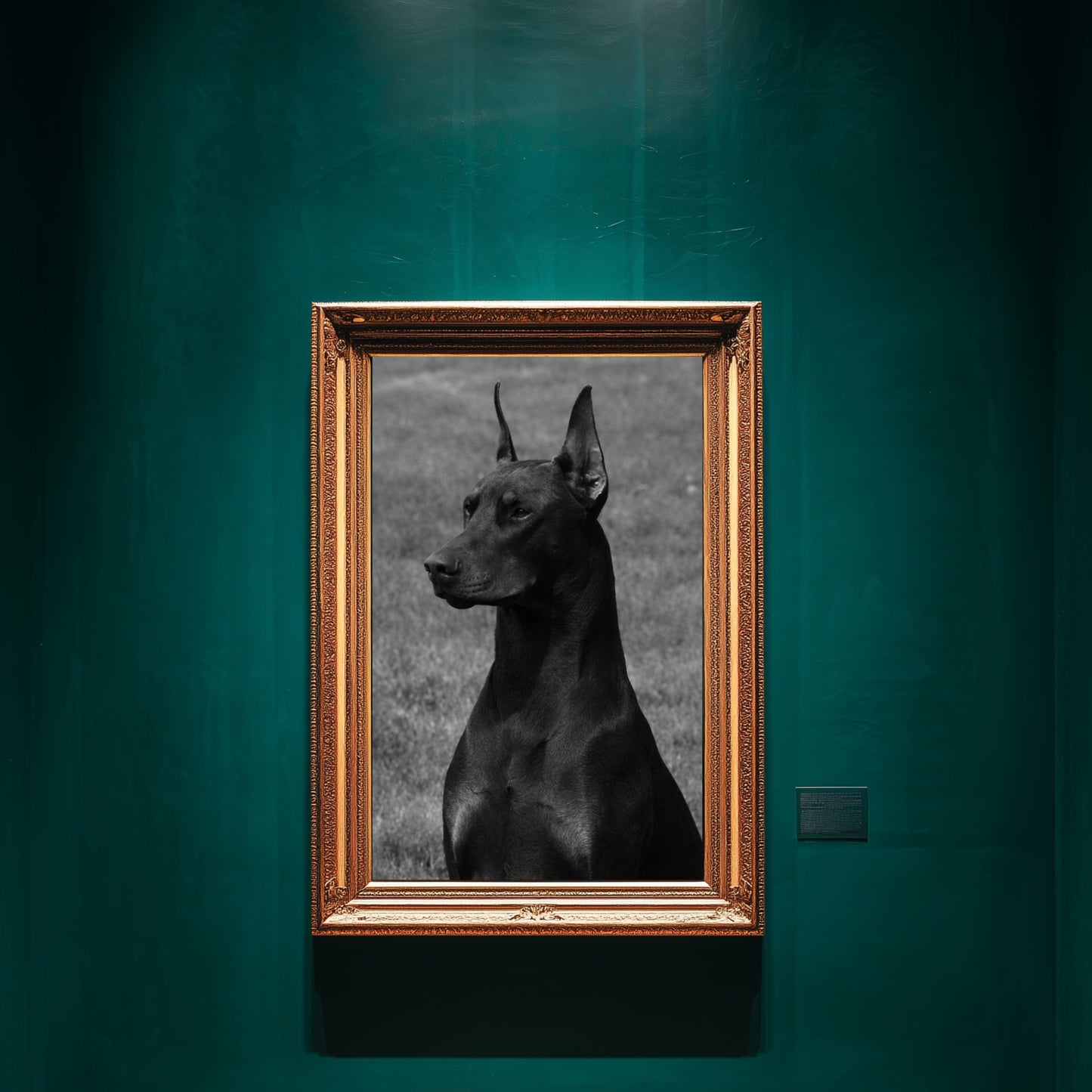 Black and white Doberman portrait wall art in ornate gold frame displayed on deep teal gallery wall