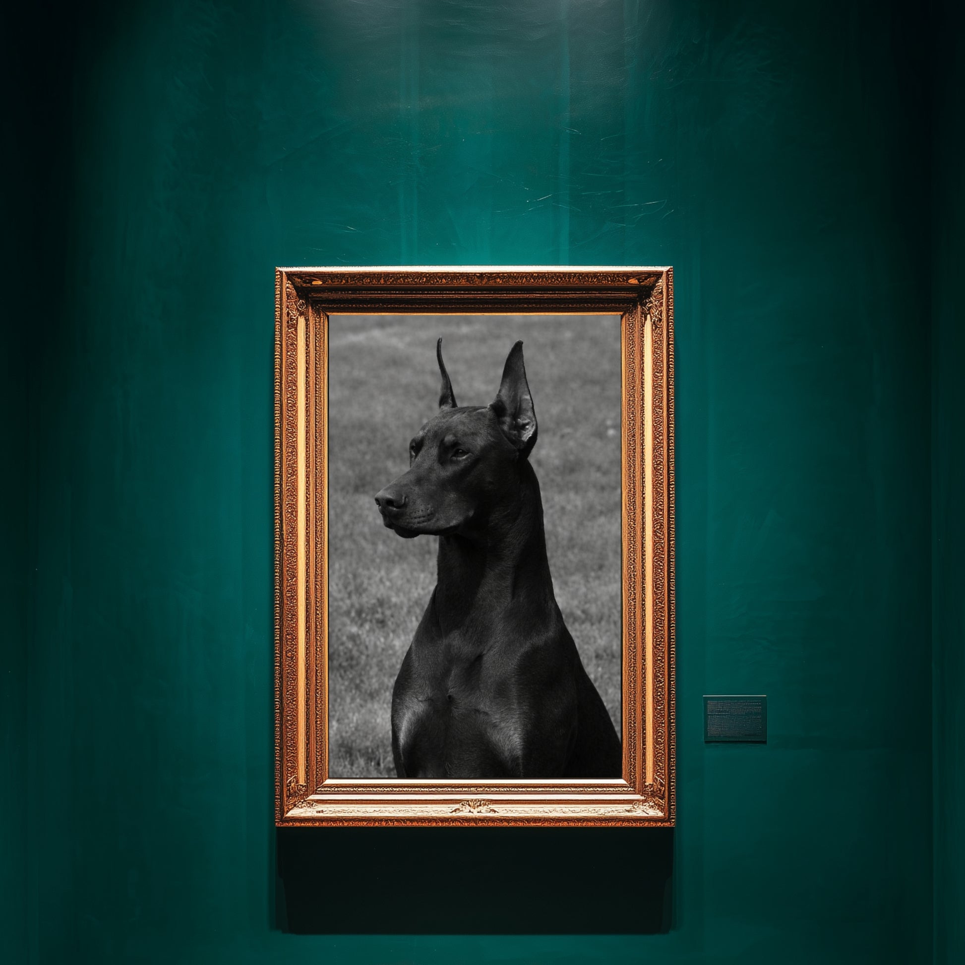 Black and white Doberman portrait wall art in ornate gold frame displayed on deep teal gallery wall
