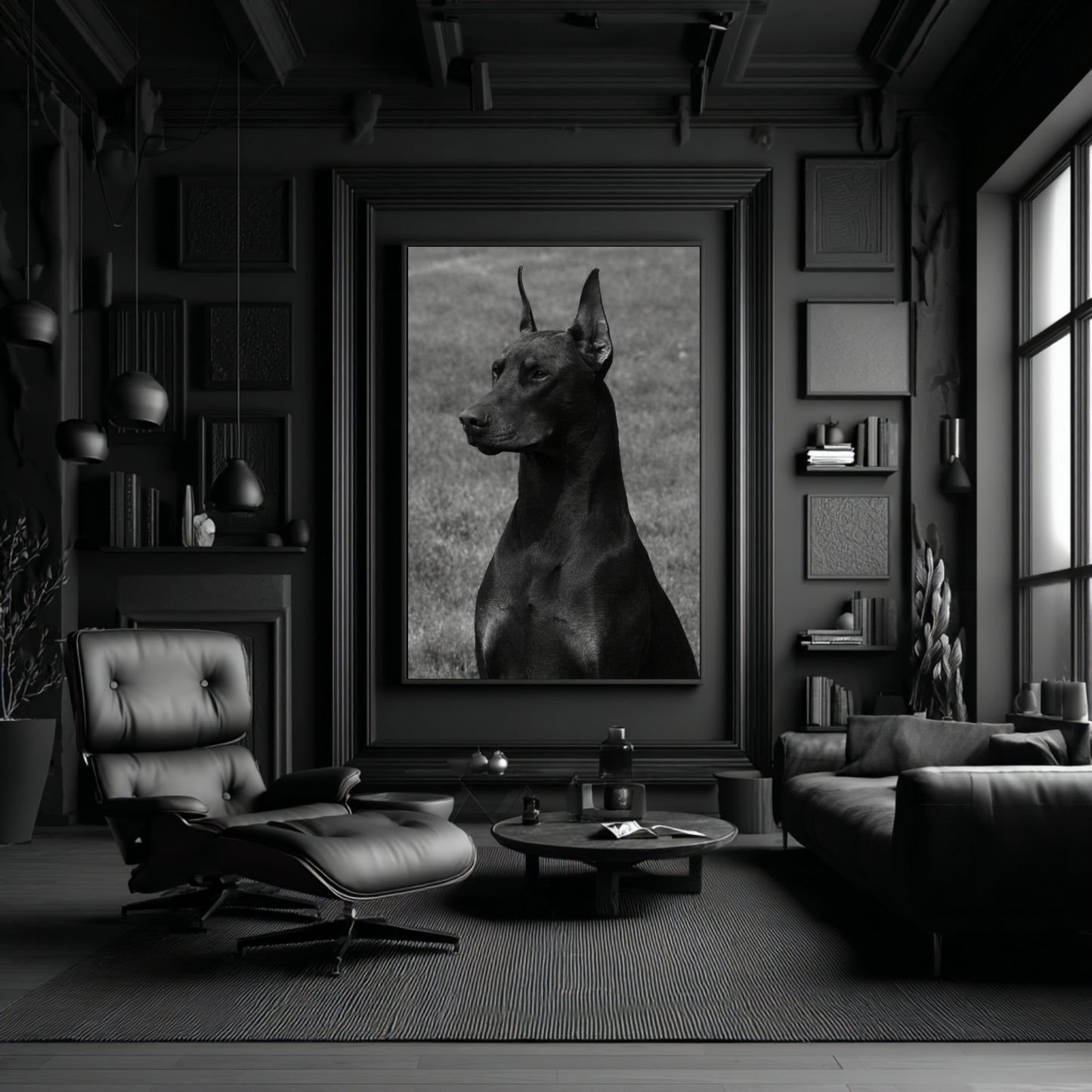 Large black and white Doberman wall art displayed in modern dark luxury living room with leather lounge chair