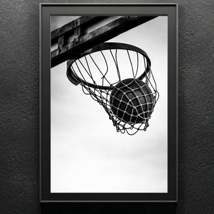 Gallery-style black and white basketball hoop wall art framed in classic molding, minimal monochrome sports photography statement print