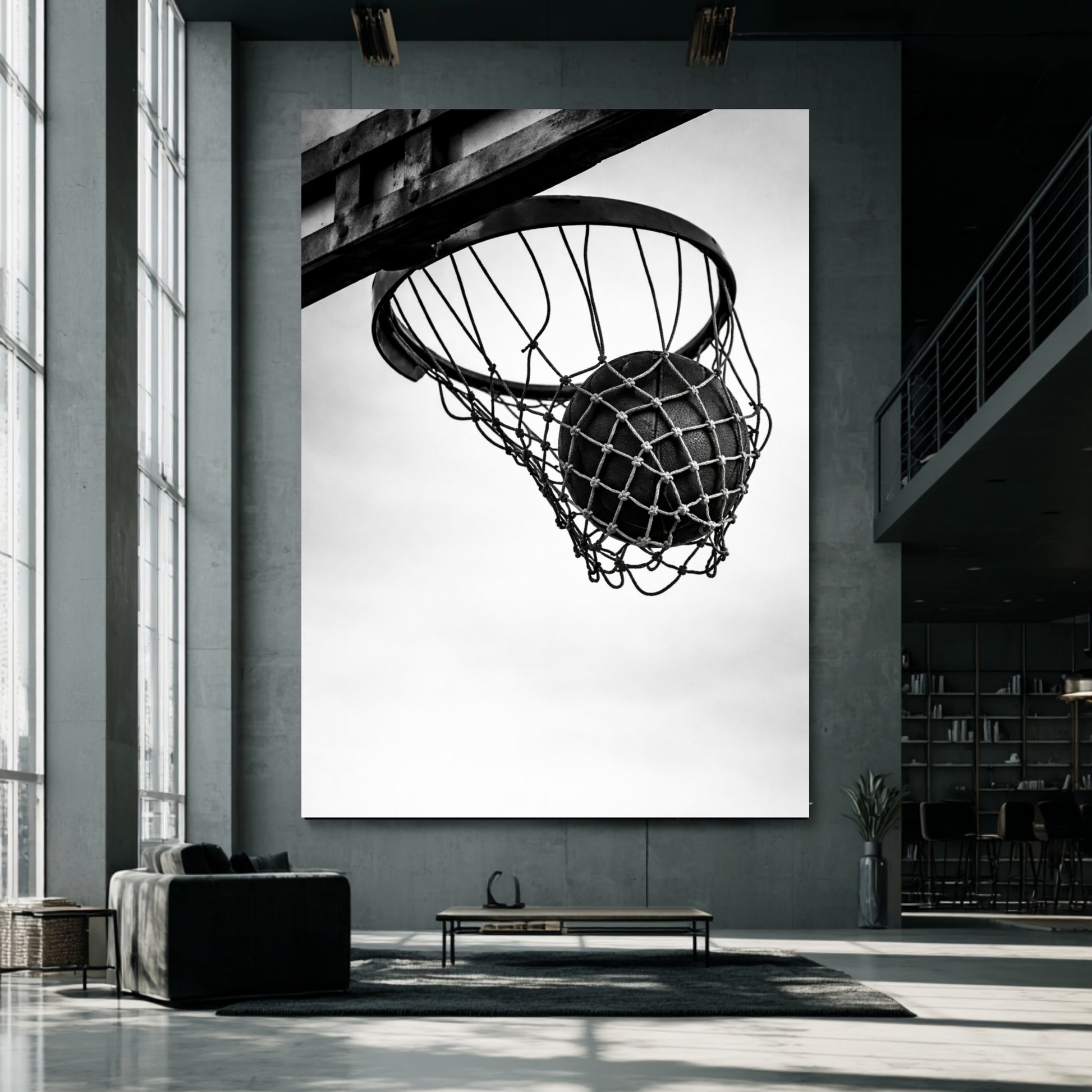 Oversized black and white basketball hoop wall art installed in modern concrete loft interior, minimalist sports discipline statement print