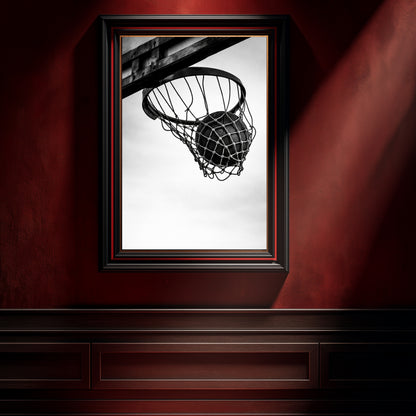 Black and white basketball hoop wall art in ornate gold frame displayed on deep green gallery wall, minimalist sports photography print featuring ball suspended in net